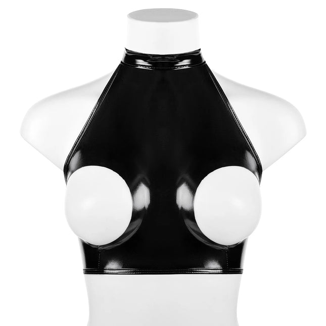 Sexy Women Halter-neck Hollow Out Lingerie Open Cup PVC Leather Crop Tops Wet Look Latex Bras Clubwear Exotic Backless Camisoles