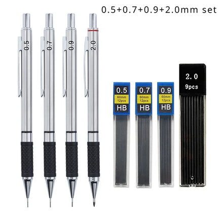 Metal Mechanical Pencil Set with Pencil Grip, Leads Art Drawing Student Office Supplies 0.5/0.7/0.9/2.0mm Automatic Pencil