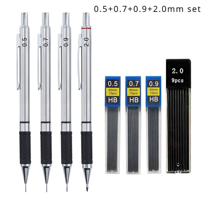 Metal Mechanical Pencil Set with Pencil Grip, Leads Art Drawing Student Office Supplies 0.5/0.7/0.9/2.0mm Automatic Pencil