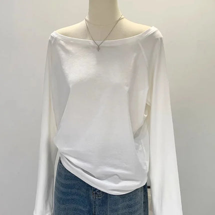 One Shoulder Cotton Slant Shoulder Long Sleeve Women's Interior-Style Wide Truffle Shoulder Base Autumn Winter Shirt