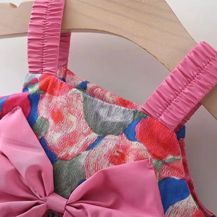 2 Pcs Summer Baby Girl Dress Sweet Oil Painting Flower Big Bow Cotton Cloth Dress Gift Hat Suitable for 0-3 Years Old