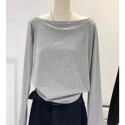 One Shoulder Cotton Slant Shoulder Long Sleeve Women's Interior-Style Wide Truffle Shoulder Base Autumn Winter Shirt