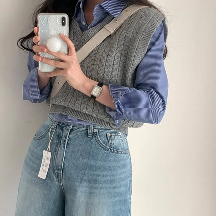 Spring High Waist Slim Fit Striped Shirt Women's Button up Polo Collar Cotton Polyester Blend Fashionable Korean Style