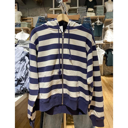 Striped Patchwork Zip-up Hoodie Autumn Cotton Pocket Drawstring Hooded Sweatshirt Women Y2k Streetwear Vintage Loose Tops Jacket