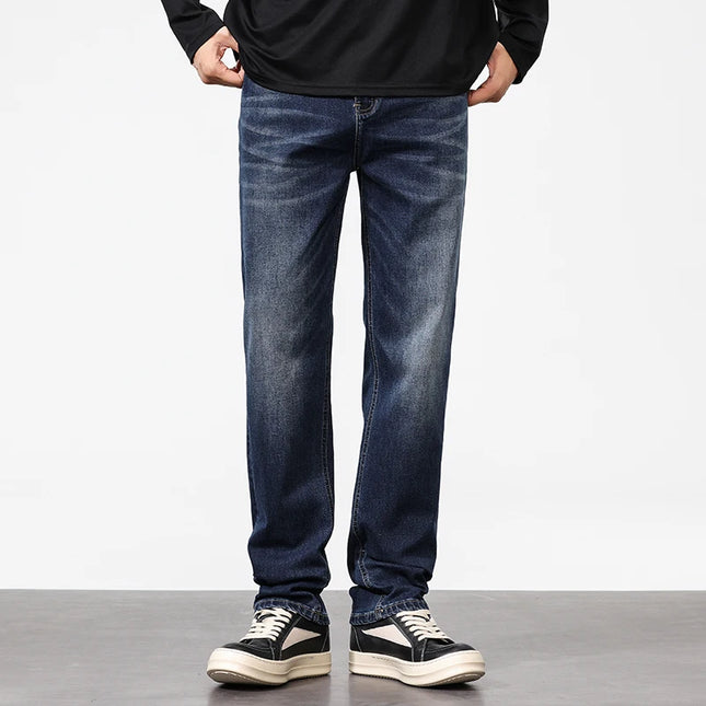 Brand jeans pants Men's Light Business Micro Stretch Straight Fit Denim Pants Vintage All Season Long Pants Deep blue versatile