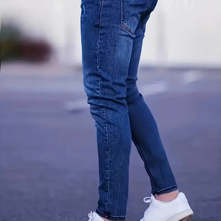 Men's Slim Fit Stretch Denim Jeans with Ripped Detail & Contrast Stitching, Fashion Streetwear Casual Trousers for Daily Wear