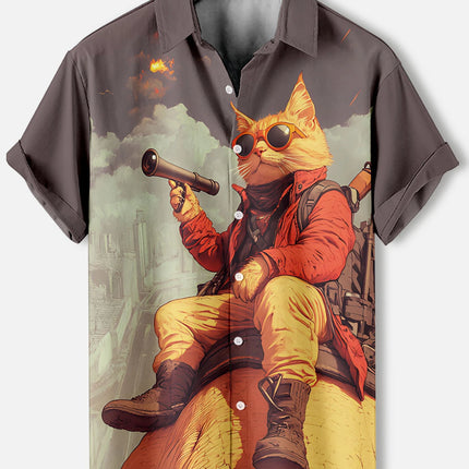 Summer Men's Retro Cartoon Anime Cat Theme Short Sleeve Shirt Short Sleeve Tops Fashion Casual Vacation Streetwear Men's Shirt