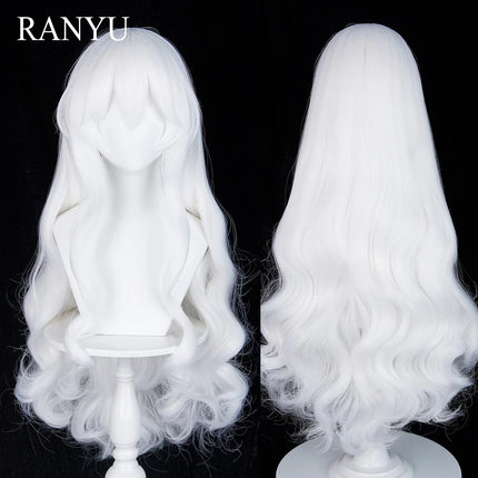White Long Wavy Anime Game Cosplay Synthetic Wigs with Bangs Fluffy Heat Resistant Wig for Daily Party