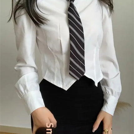 Slimming Preppy Style White Long Sleeve Shirt For Women New Season Japanese Style JK Uniform Bow Tie Waist-Fitted Blouse