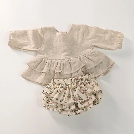 Toddler Cotton Linen Ruffle Tops + Tutu Bloomers Shorts 2pcs Outfits Spring Baby Girl Clothes Sets Princess Girl Outfits 0-3T