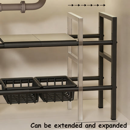 Under-Sink Kitchen Storage Rack/Shelf, Extendable, Single/Double Layer Storage Solution, Made of Steel, Perfect for Kitchen Use, Ideal for Laundry Rooms, under the Sink, Maximizes Space, Easily Stores Various Bottles and Spic