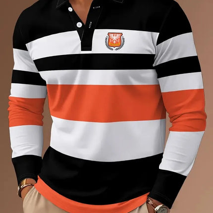 The new men's long-sleeved POLO shirt for Spring and Autumn 2025 is casual fashionable and comfortable with 3D striped printing