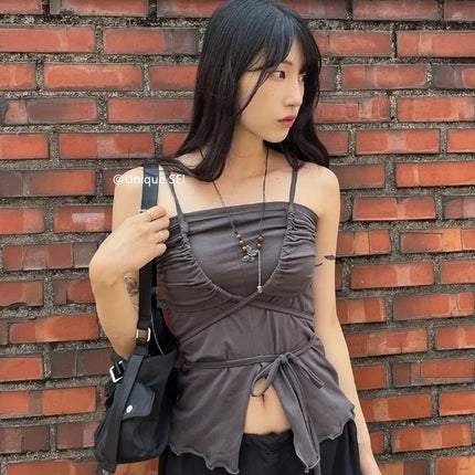 Korean Sle Unique Belted Design Slimming Versatile Split Front Strapl Top Women's Summer Faion Commute Straight Cut Vest