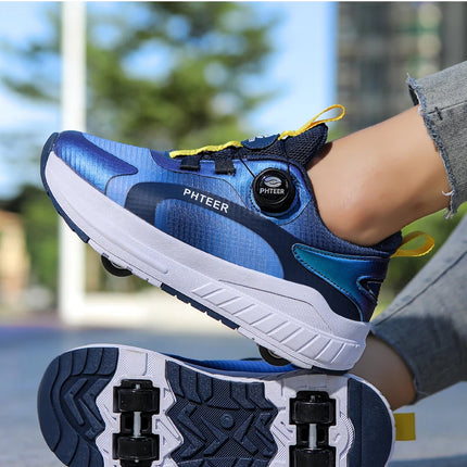 Kids Two Wheels Roller Skating Shoes with Light Magic Stick Walking Shoes, Detachable Wheels Roller Skate Shoes for Teenagers