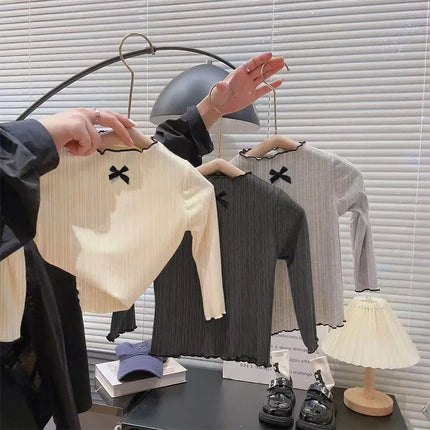 6M-8Y Girls' Long Sleeved T-shirt Children's Ruffled Edge Bow Knitted Tops 2025 Autumn New Versatile Base Shirt for Baby Girls