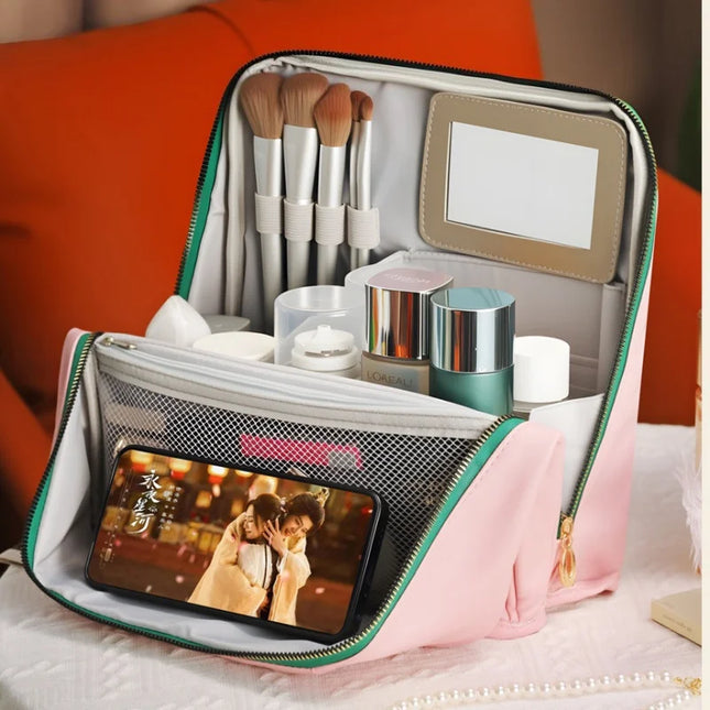 2025 New PU Stand Up Makeup Bag Large Capacity Waterproof Makeup Storage Bag Large Opening Travel Toilet Bag