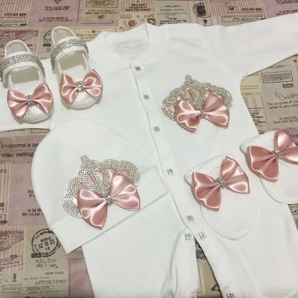 Dollbling Newborn Set Baby's Sets Rhinestone Crown 0-3 Months Hat+Bodysuits+Gloves+Shoes 4 Parts Boy Girl Jumpsuit Clothing