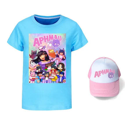 Anime Aphmau Tshit Kids Summer Clothes Baby Girls Cartoon T-Shirt + Sunhat 2pcs Set Boys Short Sleeve Casual Tops Children Tees