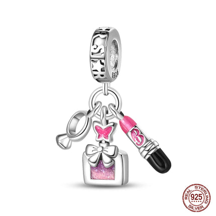 100% 925 Sterling Silver Fashion Pink Princess Skirt Bag Lipstick Charms Beads Fit Qikaola Original Bracelets DIY Jewelry Gifts