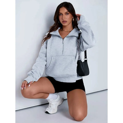 Autumn and winter women's long-sleeved top with a half-zipper loose design, casual long-sleeved sporty versatile sweatshirt