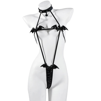 Devil Cosplay Lingerie Women Hollow Out Leather Underwear Top Wing Panty Set Anime Demon Bandage Bodysuit Halloween Costume