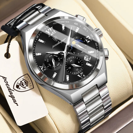 POEDAGAR Fashion Functional Men's Wristwatch Luminous Week Date Business Watch For Men Stainless Steel Sports Men's Quartz Watches