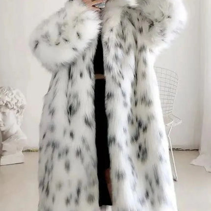 Women's Faux Fur Coat Long Autumn-Winter Fashion Casual Comfortable Warm White Leopard Print Long Sleeve Lapel Fox Fur Coat