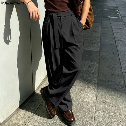 INCERUN Men's Pants Solid Color Lace Up Joggers Loose Casual Men Bottoms Streetwear 2026 Fashion Leisure Wide Leg Pants For Man