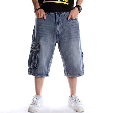 Multi pocket European and American skateboarding pants with fat and plus size hip-hop denim shorts for men, trendy cropped pants