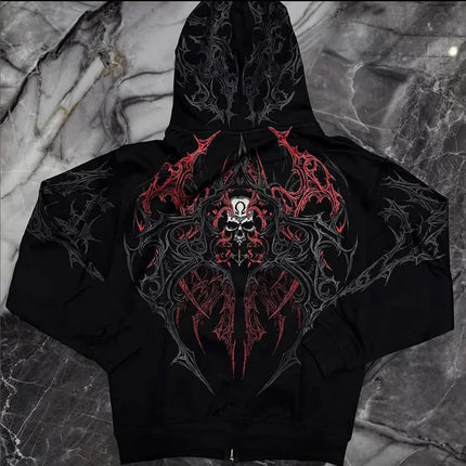 Men Gothic Skull Thorn Graphic Full Zip Up Hoodie Fleece Lined Long Sleeve Winter Punk Goth Streetwear Oversized Sweatshirt