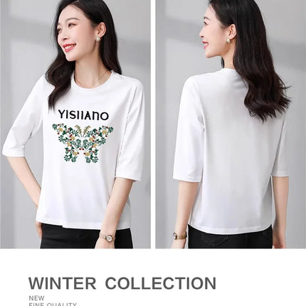 High-End Pure Cotton T-Shirt Women's Summer 3/4 Sleeve 2025 New Korean Style Fashionable Simple Slimming Top Body Shirt