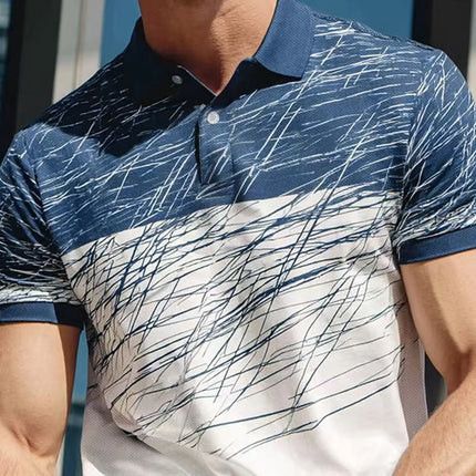Men's Abstract Line Short-Sleeved Polo Shirt with a Collar, Casual Business Sporty Daily Style, Blue and White 3D Printed Half-Bu [Likely a Typo and Should Be "Half-Buttoned"]