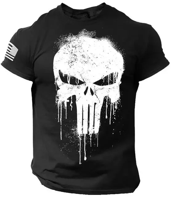 Summer Vintage Men's T-Shirt Military Skull Print Tees Casual Short Sleeve Pullover Oversized Man Clothing Outdoor O-Neck T-Shirt