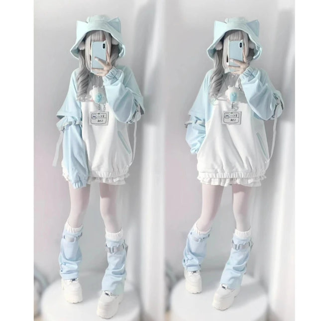 Y2k Subculture Long Sleeve Hoodie Women Casual Sweet Cat Ears Sweatshirt Patchwork Solid Kawaii Zipper Punk Style 2025 Autumn