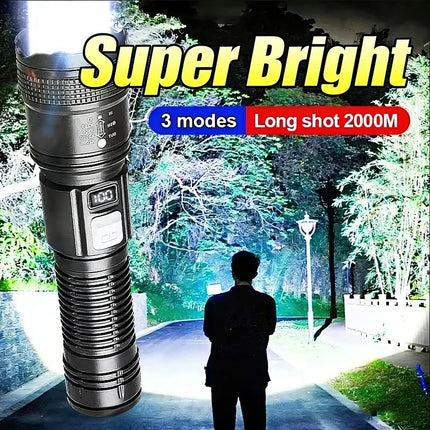 Ultra Bright LED Flashlight Type-C Rechargeable 3 Modes Long Range Zoom Tactical Torch Outdoor Emergency Camping Fishing Lantern