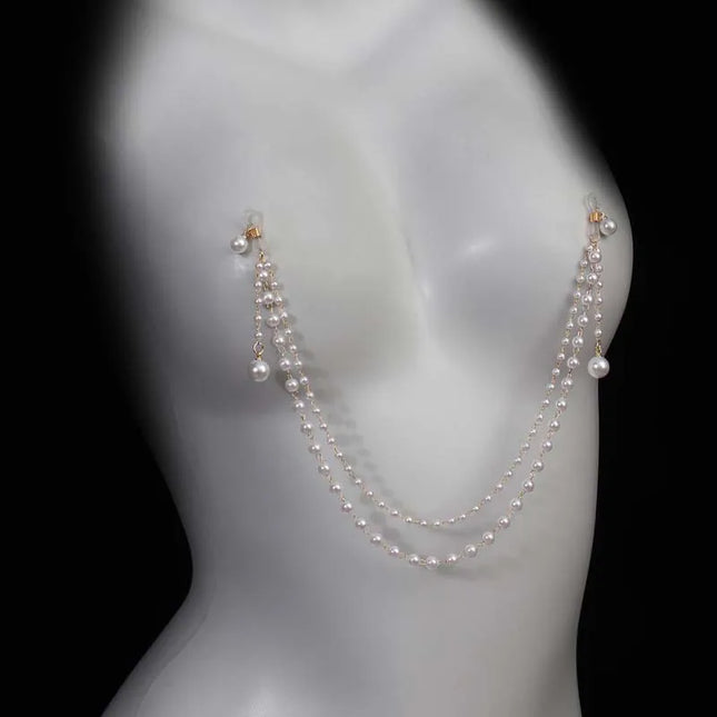 Sexy Imitation Pearl Tassel Chest Chain for Women Girls Exaggerated Metal Double Layered Nipple Chain Body Jewelry Accessories