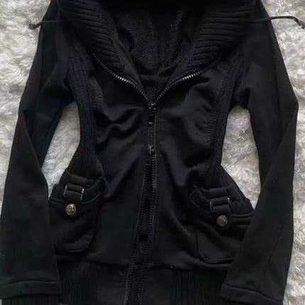 Black Fashion New Trend Women Casual Hoodie Retro Gothic Sweatshirts Hip Hop Punk Style Multifunctional High Street Cardigan