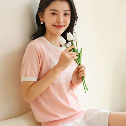 New women's short-sleeved 100% cotton knitted O-neck women's T-shirt Korean version fashionable hot selling top
