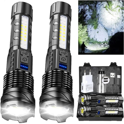 Powerful LED Flashlight Type C Rechargeable Waterproof Torch with Side Light 7 Modes Zoomable Lamp for Camping Fishing Lantern