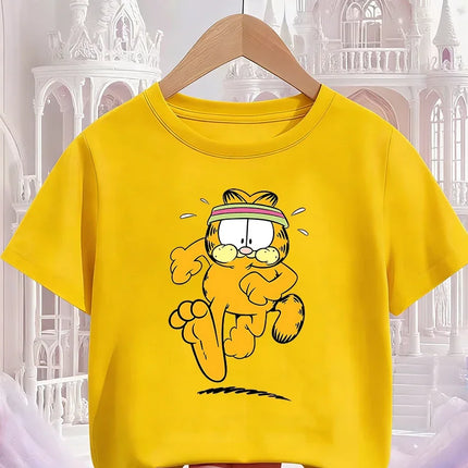 Garfield Cartoon Crew Neck T Shirt Children Boys Girls Summer Cute Kawaii Fashion Street Casual Tops 3-14 Years