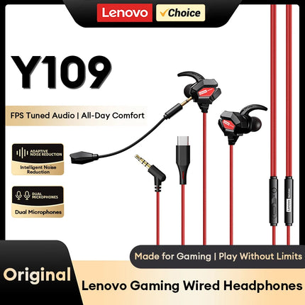 Lenovo New Y109 Gaming Headset with Microphone 3.5mm Type-C Wired Earphones HiFi Noise Isolating Earbuds for Phone PC Switch PS4