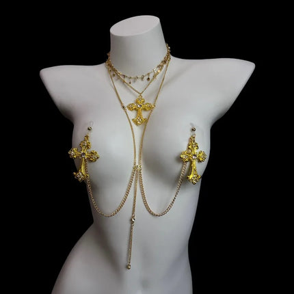 2026 New SM Gold-Tassel Nipple Clamps Cross-Adorned Diamond Collar Sexy Body Chains Training Erotic Restraints Adult Sex Toy18+