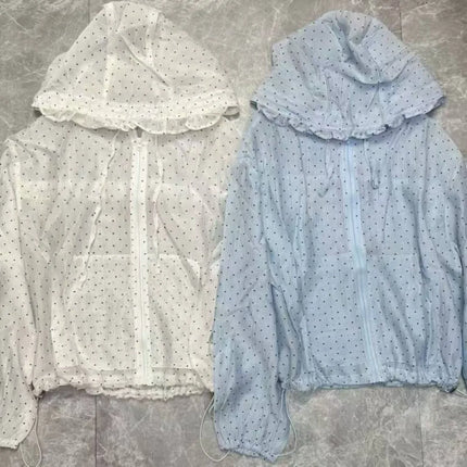 Casual Polka Dot Sun Protection Jacket Loose Fit Thin Hooded Jacket Breathable Long Bubble Sleeve Quick Dry Jacket