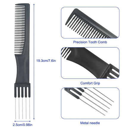 1/2/3/5 Pack Carbon Lift Teasing Combs with Metal Prong, Hair Pick Comb for Women Hair Styling(Black)