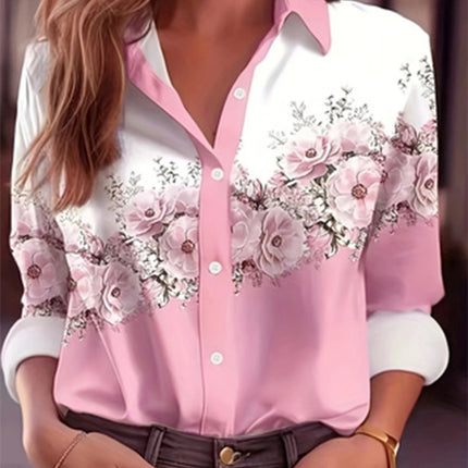 2025 Plus Size European And American Spring And Autumn Aomen's Color-Block Printed Long-Sleeved Lapel Button Shirt