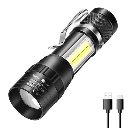 Portable LED+COB Rechargeable Compact Telescopic Zoom Tactical Flashlight With Clip Outdoor Emergency ABS Torch Waterproot