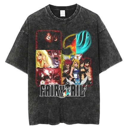 FAIRY TAIL Anime Manga Peripherals T-shirt Natsu Lucy Happy Gray Graphic Print Washed Vintage Short Sleeve Men Women Cotton Tee