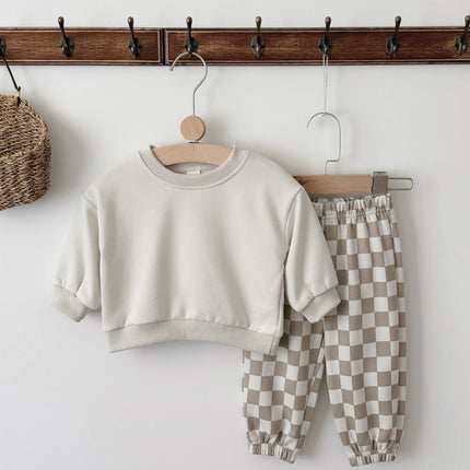 Autumn Fashion Newborn Baby Boys Girls Clothes Comfort Outfit Solid Color Long Sleeves Top+Chessboard Pattern Pants 2Pcs/set