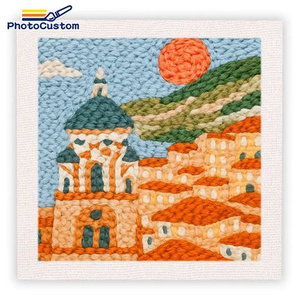 PhotoCustom Building Punch Needle Kit Painting Decor Embroidery Starter Kit Landscape Monks Cloth For Punch Needle Kits Embroide