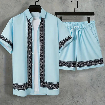 2024 New Men's Summer Holiday Suit Retro Textured Printed Border Shirt Short Sleeve Shorts Two Piece Men's Breathable Pool Suit